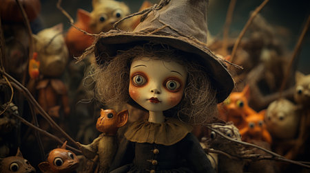 a small doll with large eyes stands next to a group of mice in a photorealistic fantasy style. this 32k uhd photograph showcases the intricate details of the portraitures, capturing the essence of witchy academia and goblincore aesthetics. the dark beige and orange color palette complements the inventive character designs. ai generatedの素材