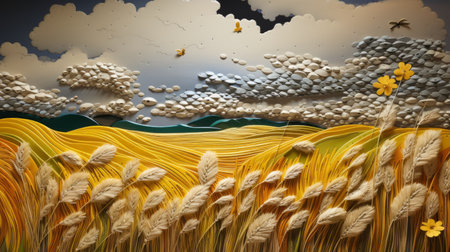 a 3d drawing of storm clouds over a yellow field, created with sequins and gems, in the style of debbie criswell. this dotted, quilling artwork showcases an impasto frenzy, reminiscent of gustave dore's monochrome paintings. the realistic landscape, with its brushwork mastery, pays homage to svetlin velinov's artistic techniques. ai generatedの素材