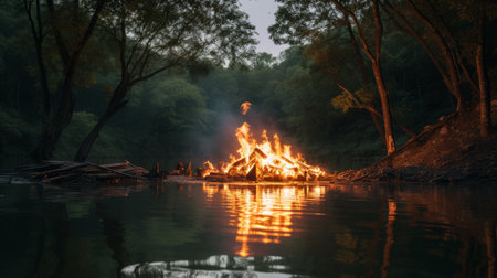 bonfires of wolding river korea and hancheongnam, captured in a mesmerizing reflection and mirroring style. this nature-inspired photograph showcases vibrant shades of light green and green, creating a visually stunning composition. shot with a nikon f2 camera in 32k uhd resolution, this professional photograph by manapunk is sure to catch the eye. discover more captivating images on unsplash. ai generatedの素材