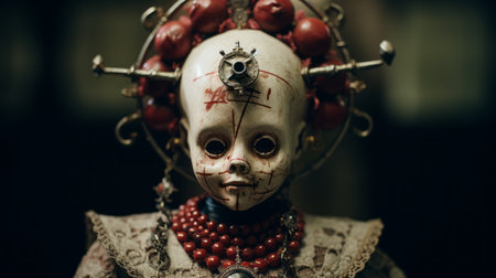 a scary costume featuring skulls and beads, inspired by the canon ts-e 17mm f4l tilt-shift lens. this unique ensemble combines revived historic art forms, childlike innocence, and charm. the costume's light bronze and red color scheme, along with its meticulous detail, exudes a captivating blend of machine aesthetics and dollcore aesthetics. ai generatedの素材