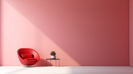 a red chair stands alone in an empty space, surrounded by a vibrant yellow background. this 3d rendered stock image showcases a modern design with a monochromatic serenity, featuring a warm color palette of light pink and light indigo. the natural lighting enhances the contemporary candy-coated aesthetic, creating a visually striking composition. ai generatedの素材
