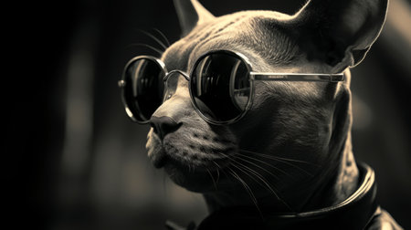 a black and white photo of a sphynx wearing sunglasses, with a dieselpunk-inspired style. this animated gif captures a groovy and creative commons attribution vibe. the photojournalistic approach adds depth to the gray and bronze tones, creating a captivating image reminiscent of shuzo oshimi's work. ai generatedの素材