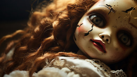 a close-up of a doll with long red hair, showcasing a playful yet macabre style. this photograph, taken with a tokina at-x 11-16mm f2.8 pro dx ii lens, captures the essence of classical and historical genre scenes. the image is digitally enhanced and features softbox lighting, creating a recontextualized atmosphere. the doll's appearance adds a touch of clowncore aesthetic to the overall composition. ai generatedの素材