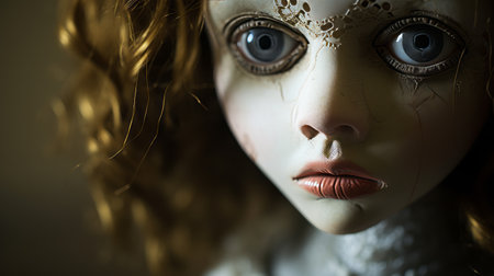a close-up shot of a fairy doll with dark eyes and hair, captured in the style of intense chiaroscuro portraits. this organic sculpting masterpiece, resembling the venetian school, showcases the doll's intricate details. the photograph was taken using the tokina opera 50mm f1.4 ff lens, known for its expertise in object portraiture. ai generatedの素材