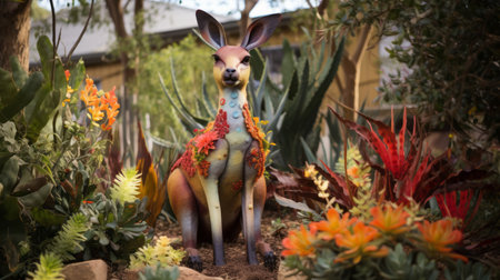 a kangaroo sculpture, created by an abstract colorist sculptor, stands in a garden surrounded by succulents. made of rubber, the sculpture showcases photorealistic detail and is a site-specific installation. inspired by cicely mary barker, the artwork incorporates native australian motifs in shades of orange and brown. ai generatedの素材