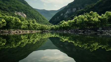 a stunning photo of apple picking in wolding river korea and hancheongnam. this captivating image showcases reflections and mirroring, with nature-inspired motifs in light green and green hues. shot with a nikon f2 camera in 32k uhd resolution, the composition is eye-catching and professionally captured. a perfect example of manapunk photography, this image is sure to impress. courtesy of unsplash. ai generatedの素材