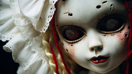 scary doll head with makeup, featuring photorealistic detail in a dark white and red color scheme. this portrait-style photograph captures the intricate character illustration of the doll, resembling rococo portraitures. the use of the tokina at-x 11-16mm f/2.8 pro dx ii lens enhances the detailed and lifelike quality of the adorable toy sculpture. ai generatedの素材