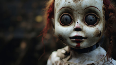 a disfigured toy doll with big eyes is captured in a captivating documentary photo. the doll's unique appearance, reminiscent of primitive folk art, is enhanced by the dramatic atmospheric perspective. this high-resolution image, rendered using cryengine technology, showcases the doll's charm amidst urban decay. this photo is available under a creative commons attribution license. ai generatedの素材