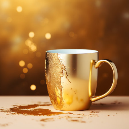 a golden mug sits on a table, adorned with a splash of water. this digitally manipulated image showcases a light gold and light bronze color palette. the loose paint application creates an aurorapunk effect, making the mug appear glittery and shiny. the dark brown and gold tones add depth to this contest-winning composition. ai generatedの素材