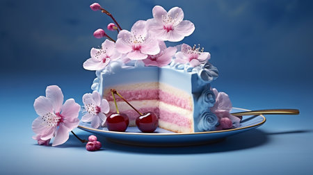 a piece of cake, covered in blue cherry flavored frosting, is showcased in this digitally manipulated image by mike campau. the cake has a realistic yet stylized appearance, reminiscent of traditional chinese designs. the light magenta and white colors create a joyful celebration of nature. this matte photo captures the intricate details of the cake, making it a visually appealing treat. ai generatedの素材