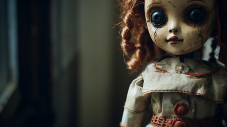 a creepy doll, captured by object portraiture specialist algeapunk, is positioned in front of a curtain in a room. the image, taken with a fujifilm x-t4 camera and utilizing tilt-shift lenses, showcases the deconstructive and intricate steampunk elements of the doll. the close-up shot highlights the eerie details of this unsettling subject. ai generatedの素材