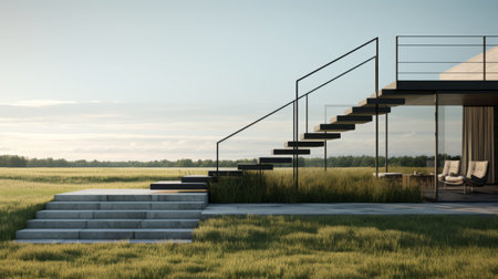 a modern architecture house in a grassy field, resembling minimalistic metal sculptures. the house features a combination of dark gray and light bronze colors, with planar art and dramatic diagonals. inspired by nature, the design incorporates elements of environmental installation art, resulting in a naturalistic rendering. ai generatedの素材
