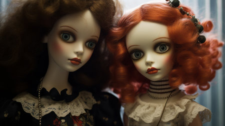two dolls with blond curly hair sitting together in a gothic dark and moody style. captured with the tokina opera 50mm f/1.4 ff lens, the photograph showcases meticulous portraiture with subtle coloring. the dolls' hair is light crimson and white, while the overall scene is adorned with dark orange and dark green elements. the composition exudes a captivating blend of dark white and dark redの素材