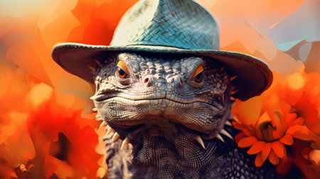 a lizard wearing a brown hat stands out in this photo, showcasing elements of photorealistic fantasies, explosive wildlife, cross processing, and western-style portraits. the dark silver and orange tones add depth to the image, while the use of cryengine and photo-realistic techniques enhances its realism. ai generatedの素材