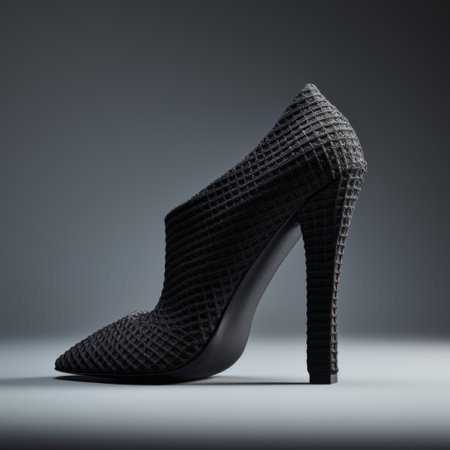 3d shoe models for the runway featuring a square-shaped heel. these shoes are designed with a densely textured or haptic surface in dark gray and black. inspired by the intricate texture seen in willem claesz heda's artwork, they also incorporate elements of the sabattier filter and leo putz's grid pattern. ai generatedの素材