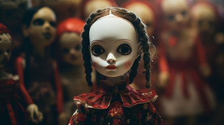 dolls in the style of realism with surrealistic elements are lined up in the corner behind the photographer. the dolls feature dark brown and red colors, detailed facial features, and a kitsch aesthetic. this uhd image captures the toycore essence and is reminiscent of the art of abigail larson. ai generatedの素材