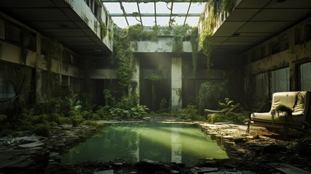 the photo captures the eerie beauty of a dystopian landscape, showcasing creepy abandoned buildings and ruins in a desert setting. the haunting atmosphere of a haunted asylum is intensified by the ethereal foliage and nature-inspired compositions. the hyper-realistic water and concrete brutalism add to the sense of desperation and horror in this vray-traced image. ai generatedの素材