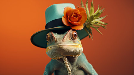 a blue lizard, adorned with a hat and a toy of large flowers, poses for a contemporary portrait photograph. the image showcases a vibrant color palette of dark orange and light green, reminiscent of celebrity portraits with personality. the lizard's hip-hop style and cinematic elegance add to the overall charm of the composition, highlighting the unique characteristics of animals. the color scheme features a combinationの素材
