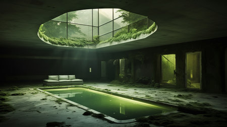 abandoned basement with pool, moon, skylight, windows, and cracked retaining wall. ai generatedの素材