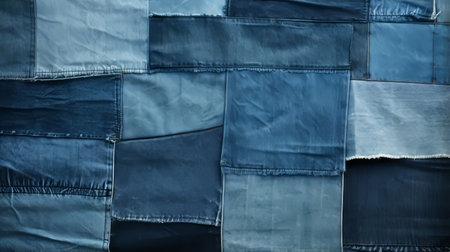 blue jeans patched in blue, white, and black create a graphic texture reminiscent of colorful patchwork. the sculptural installation showcases unexpected fabric combinations, with flowing fabrics in shades of dark blue, light azure, light turquoise, and dark indigo. the washed-out appearance adds to the unique charm of this artistic creation. ai generatedの素材
