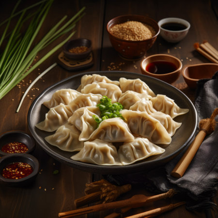 a platter of asian foods, including dumplings, is showcased in the background. the photo features a dark gray and beige color scheme, with folded planes and precisionist lines. the style incorporates elements of sfumato and pop-culture infusion, resulting in an unpolished yet authentic aesthetic. the use of kodak colorplus film enhances the vibrant colors in the image. ai generatedの素材