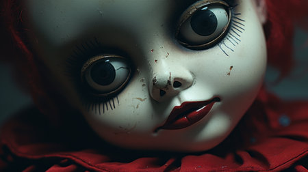 creepy clowns featured on the cover of vrh magazine, captured with the lensbaby velvet 56mm f16 lens. these close-up shots showcase the artistry of plush doll creations, with a dark gray and red color palette. the porcelain-like appearance adds to the eerie charm, while the subtle expressions evoke a sense of mystery. perfect for fans of dolly kei fashion and unique, haunting imagery. ai generatedの素材