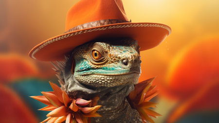 red iguana wearing an orange hat, showcasing a photorealistic surrealism style. this unique artwork combines elements of cowboy imagery, teal and brown color palette, and soft-focus portraits. created using the unreal engine, it features a floralpunk aesthetic and captures the essence of celebrity portraits with a touch of personality. ai generatedの素材