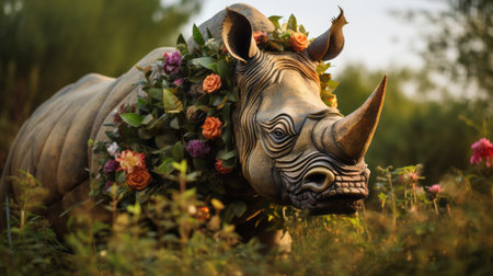 a plastic rhino adorned with flowers around its neck stands amidst a golden light, surrounded by eccentric props. this unique outdoor art piece, reminiscent of rural china and southern gothic-inspired aesthetics, tells a symbolic story. its creation draws inspiration from the art of the congo, resulting in a captivating and thought-provoking display. ai generatedの素材