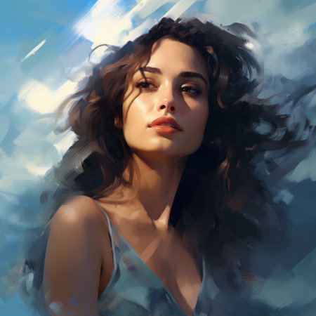 a stunning portrait of a woman against a vibrant blue sky, showcasing fluid brushwork and realistic lighting. the wavy and action painter style adds a captivating touch to the charming character illustrations. shot on ferrania p30 film, the free brushwork creates a visually dynamic and captivating image. ai generatedの素材