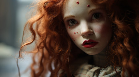 a red-headed doll with dots on its face, captured in the style of detailed atmospheric portraits. this fantastical doll, reminiscent of otherworldly creatures, showcases the influence of the dusseldorf school of photography and photorealistic paintings. the image was shot using a tokina opera 50mm f/1.4 ff lens on 70mm, resulting in captivating folkloric portraits. ai generatedの素材