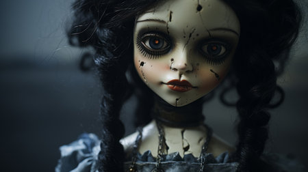 a creepy doll with blond hair, large eyes, and a big mouth. this hand-painted doll features dark silver and dark azure colors, creating a dark atmosphere. the doll exudes a sense of romanticized nostalgia with its feminine portraiture. captured in 32k uhd resolution, this doll's details are enhanced by the contrasting dark white and orange tones. ai generatedの素材