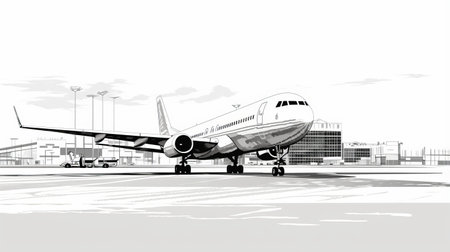 a plane is depicted in front of a street, airport, and railway station in this vector illustration design. the artwork is inspired by the style of grisaille, showcasing high-contrast realism. the detailed character design is reminiscent of julian opie's work. the image features high-contrast shading and dynamic line work, capturing the majestic ports. ai generatedの素材