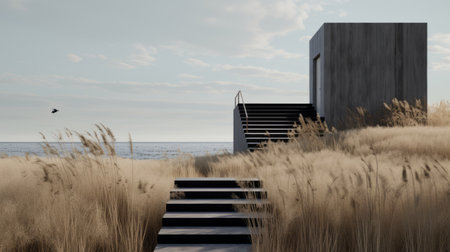 open staircase in a field of tall grass, featuring contemporary minimalist design with light gray and dark black tones. the sculptural aesthetics blend harmoniously with the coastal views, creating a minimalist set inspired by gothic revival. the muted colors add a touch of elegance to this unique architectural element. ai generatedの素材