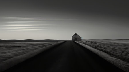 an open road stretches through a serene field of tall grass, embodying the contemporary minimalist style. the light gray and dark black hues create a sculptural aesthetic, while the coastal views add a touch of tranquility. this minimalist set captures the essence of gothic revival with its muted colors, offering a captivating visual experience. ai generatedの素材