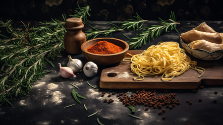 a rustic arrangement of spaghetti, nuts, meat, and herbs is beautifully presented on a wooden board. inspired by the captivating hues of dark gold and dark amber found in italian landscapes, this performance-oriented image showcases a striking contrast between light red and dark gray tones. captured in uhd with a graflex speed graphic camera, the photograph exudes a luminous quality. ai generatedの素材