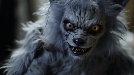 the furry white wolf, rendered in cinema4d, captures a creepy essence. photographed with a tokina at-x 11-16mm f28 pro dx ii lens, the close-up shots showcase the intricate details. inspired by jamie hewlett's style and ingrid baars' soft sculpture, the wolf's dark gray and dark blue tones add to its mysterious allure. ai generatedの素材