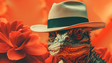 an iguana wearing a hat stands in front of vibrant flowers, showcasing a solarization effect. the image exudes a unique blend of rap aesthetics with its light red and dark orange tones. it captures the essence of iconic hollywood stars through snapshots, while also embodying the intensity of internet academia and the mysterious allure of cryptid academia in a captivating close-up shot. ai generatedの素材