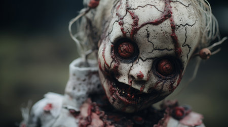 a scary doll's face with haunting eyes and scarred hands is captured in this meticulously crafted scene. the tilt-shift technique adds a unique touch to the adorable toy sculptures, creating a captivating and eerie atmosphere. this high-resolution uhd image was skillfully shot on 70mm film by tyler walpole, showcasing the intriguing world of zombiecore. ai generatedの素材