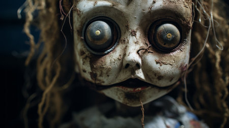a creepy doll with big eyes sits on a table, showcasing intense close-ups and distressed surfaces. this eerie artifact of online culture and urban decay evokes the style of john tenniel's illustrations. the found footage aesthetic adds to the unsettling atmosphere of the image. ai generatedの素材