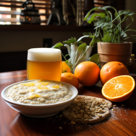 a bowl of oatmeal with orange slices and soda, captured in the style of lively tavern scenes. the post-processing enhances the botanical abundance, creating a vibrant display of light gold and gray tones. shot with fujifilm eterna 250t type 8560, the bold color usage adds a captivating touch to the image. the weathercore adds an element of natural authenticity. ai generatedの素材
