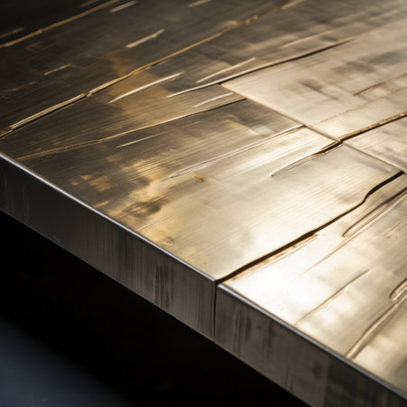 a stainless steel table by ida van heusen, featuring rough hewn surfaces and a blend of light bronze and gold tones. this topographic photography captures the intricate details of the materials, with a blink-and-you-miss-it level of precision. the chiaroscuro lighting adds depth and highlights the rough edges of the table. ai generatedの素材