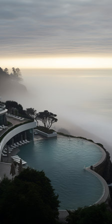 an elegant swimming pool with rounded forms, captured in the misty atmosphere of california plein air. this dramatic seascape showcases the beauty of the pool, enhanced by the sony fe 12-24mm f/2.8 gm lens. the pool's light gray and bronze tones add to its allure, creating a captivating visual experience. ai generatedの素材