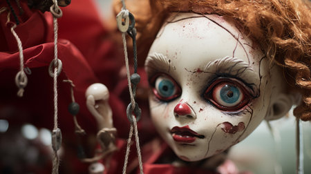 a creepy doll is held by a collector, with his hands snagged, in a fantastical contraption. the photo is captured in a style of light red and dark cyan, showcasing realistic hyper-detail. the intricate craftsmanship of the doll, created by marguerite blasingame, is highlighted in this close-up shot. keywords: creepy doll, collector, hands snagged, light red, dark cyan, fantastical contraptions, realistic hyper-detail, marguerite blasingame, clowncore,の素材