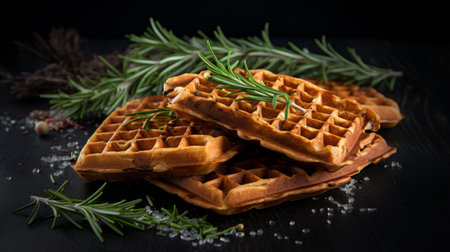 roasted rosemary waffles, beautifully captured on a black background, showcase the intricate details of this delectable dish. the focus stacking technique enhances the brown and aquamarine hues, creating a visually stunning image. shot at iso 200, the layered veneer panels add a touch of sophistication to the composition. this photograph effortlessly captures the essence of suburban ennui with its delicate washes. ai generatedの素材
