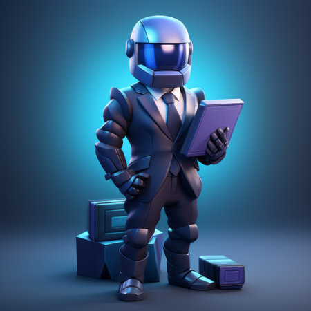 an accountant in the uae wearing a special indigo suit is depicted in this 3d isometric render. the futuristic material attached to the accountant's clothes adds a unique touch to the closed suit with a helmet. this clash of clans style cartoon art showcases a basic style with low poly and low details, creating a visually appealing image. ai generatedの素材