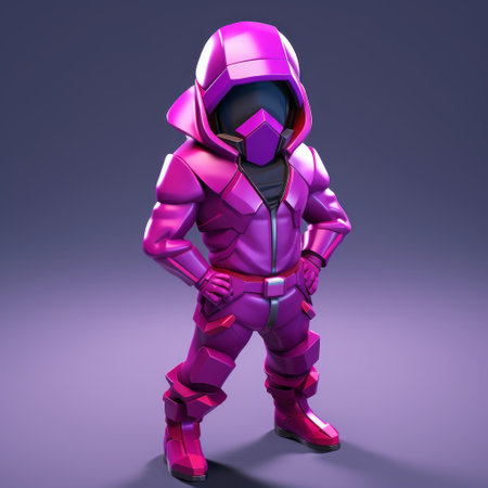 a graphic designer in australia wearing a special magenta suit with futuristic material attached. the suit is closed with a helmet, giving an adventurous and motivated vibe. the design is inspired by 3d isometric graphics, with a clash of clans style and cartoon art. the render features a basic style with low poly and low details. ai generatedの素材