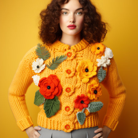 a fashion photo featuring a girl wearing a winter sweater adorned with flowers in the sleeves. the style of the sweater is inspired by the vibrant colors of yellow and orange, reminiscent of fernando botero's artwork. the sweater is beautifully decorated with ornamental details and embellishments, creating a realistic color palette. this design draws inspiration from the works of sarah purser and mandy disher, resultingの素材