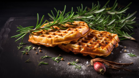 a vibrant and lively concept picture featuring waffles topped with rosemary, sage, grated parmigiano a roma, and salt. the photo is captured in the style of rtx on, with a dark black and dark beige color scheme. the shallow depth of field adds an artistic touch to the image. created by herb trimpe, nathan spoor, and wlad safronow. ai generatedの素材