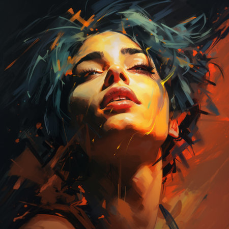 a woman is depicted in a painting with an orange background, showcasing aggressive digital illustration. the artwork features dark azure and light amber tones, along with light-filled scenes and detailed character expressions. the composition includes jagged edges, creating dramatic portraits with a luminous palette. ai generatedの素材