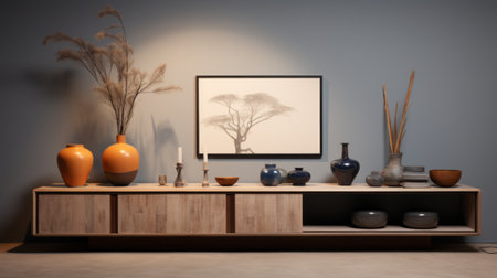 an old wooden entertainment unit, blending naturalistic rendering with elements of painting and ceramics, creates a hyper-realistic still life. inspired by zen aesthetics, the unit features a light indigo and brown color scheme. this uhd image captures the essence of dutch tradition. ai generatedの素材